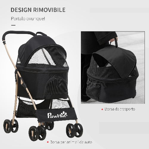 PawHut-Passeggino-per-Cani-Pieghevole-con-Trasportino-Rimovibile-e-Tettuccio-82x49.5x98cm-Nero