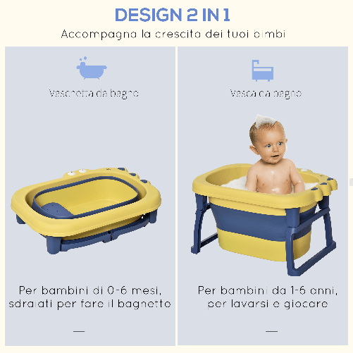 HOMCOM-Vaschetta-Bagnetto-Pieghevole-per-Neonati-e-Bambini-di-0-6-Anni-in-Plastica-Antiscivolo-Blu-e-Giallo-75.3x55.4x43cm