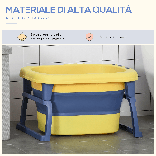 HOMCOM-Vaschetta-Bagnetto-Pieghevole-per-Neonati-e-Bambini-di-0-6-Anni-in-Plastica-Antiscivolo-Blu-e-Giallo-75.3x55.4x43cm