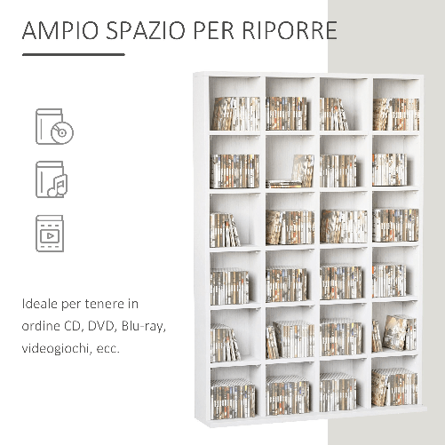 HOMCOM-Mobile-Libreria-Porta-CD-a-Muro-24-Scompartimenti-Regolabile-in-Altezza-130.5-×-89-×-20cm-Bianco