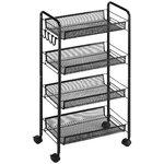 HOMCOM Carrello da Cucina a 4 Ripiani Rimovibili con 4 Ganci e Ruote, in Acciaio e Plastica PP, 45x26.5x84 cm, Nero