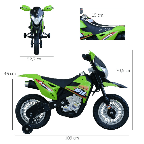 HOMCOM-Moto-da-Cross-Elettrica-con-2-Rotelline-Ausiliarie-per-Bambini-3-6-anni-Moto-Giocattolo-109×52.2×70.5cm-Verde