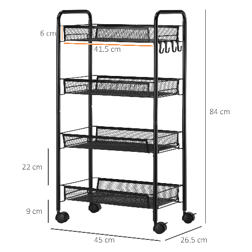 HOMCOM-Carrello-da-Cucina-a-4-Ripiani-Rimovibili-con-4-Ganci-e-Ruote-in-Acciaio-e-Plastica-PP-45x26.5x84-cm-Nero