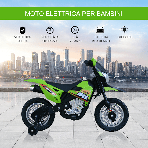 HOMCOM-Moto-da-Cross-Elettrica-con-2-Rotelline-Ausiliarie-per-Bambini-3-6-anni-Moto-Giocattolo-109×52.2×70.5cm-Verde