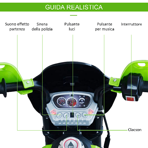 HOMCOM-Moto-da-Cross-Elettrica-con-2-Rotelline-Ausiliarie-per-Bambini-3-6-anni-Moto-Giocattolo-109×52.2×70.5cm-Verde