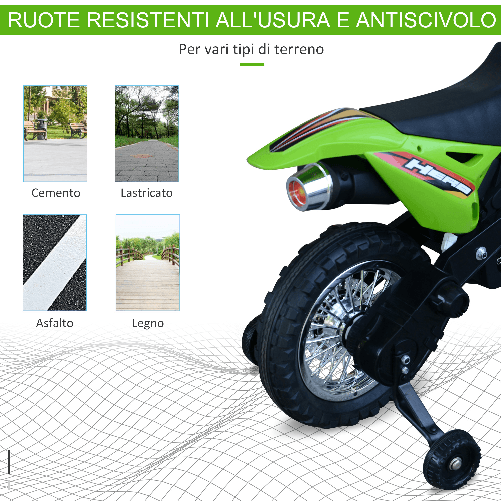 HOMCOM-Moto-da-Cross-Elettrica-con-2-Rotelline-Ausiliarie-per-Bambini-3-6-anni-Moto-Giocattolo-109×52.2×70.5cm-Verde