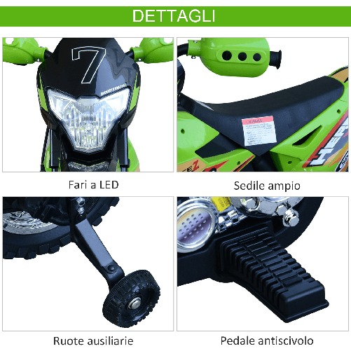 HOMCOM-Moto-da-Cross-Elettrica-con-2-Rotelline-Ausiliarie-per-Bambini-3-6-anni-Moto-Giocattolo-109×52.2×70.5cm-Verde