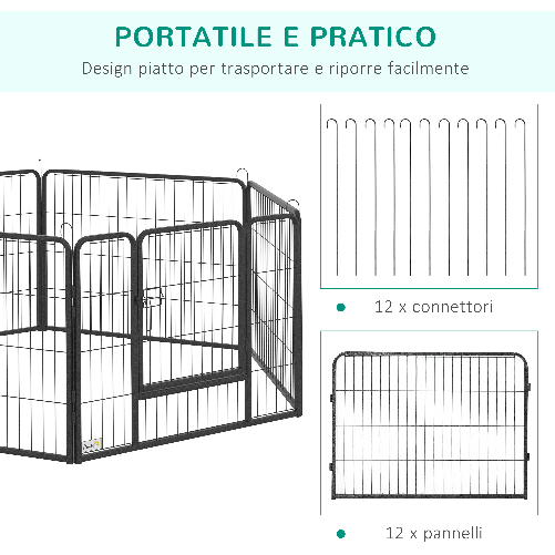 PawHut-Recinto-per-Cani-e-Animali-Domestici-con-12-Pannelli-Modulabili-in-Acciaio-e-2-Ingressi-80x1.5x60cm-Nero