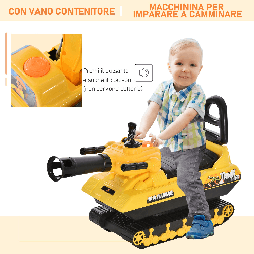 HOMCOM-Carro-Armato-Bambini-con-Cannone-Spara-Palline-e-Vano-Contenitore-Giochi-Cavalcabili-per-Bambini--3-Anni-68cmx24cmx41.5cm-Giallo