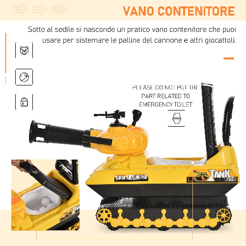 HOMCOM-Carro-Armato-Bambini-con-Cannone-Spara-Palline-e-Vano-Contenitore-Giochi-Cavalcabili-per-Bambini--3-Anni-68cmx24cmx41.5cm-Giallo