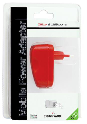 TECNOWARE-SPINA-CON-2-INGRESSI-USB-OUTPUTS-2.1A-E-1A-COLORAZIONE-ROSSO-FAM16295