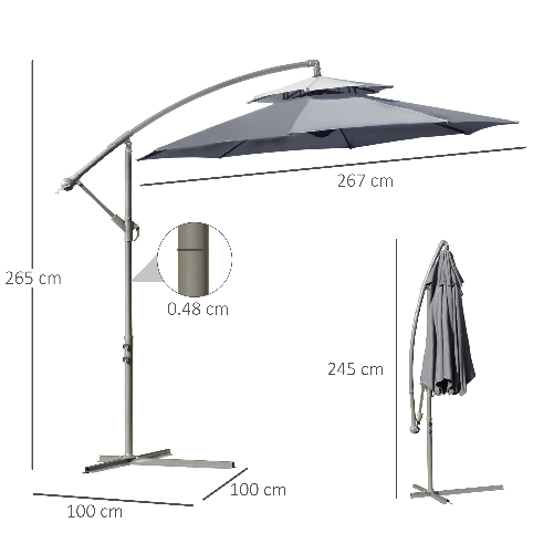 Outsunny-Ombrellone-a-Braccio-2.7x2.7-m-con-Tettuccio-Regolabile-a-2-Livelli-e-Base-a-Croce-Grigio