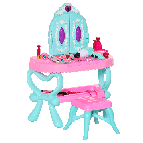 HOMCOM-Set-2-in-1-da-32pz-per-Bambine-3-6-Anni-Tavolo-per-Trucco-con-Accessori-e-Pianoforte-49.5x23x66-cm-Blu-e-Rosa