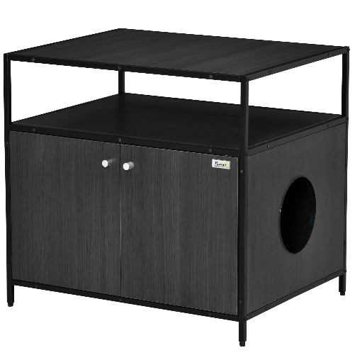 PawHut-Mobile-per-Lettiera-Gatti-in-Legno-e-Acciaio-con-2-Ante-Magnetiche-70x55x65.5cm---Nero