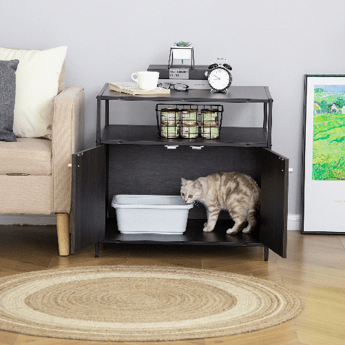 PawHut-Mobile-per-Lettiera-Gatti-in-Legno-e-Acciaio-con-2-Ante-Magnetiche-70x55x65.5cm---Nero