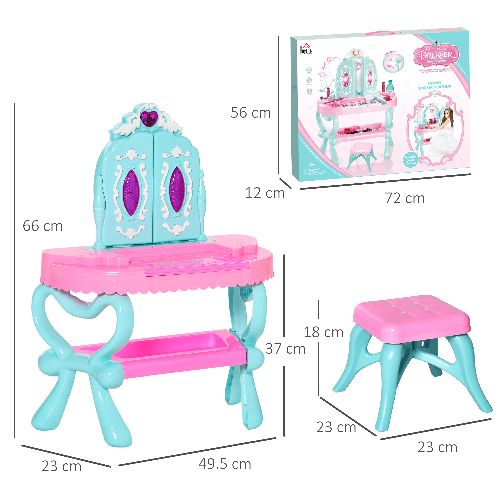 HOMCOM-Set-2-in-1-da-32pz-per-Bambine-3-6-Anni-Tavolo-per-Trucco-con-Accessori-e-Pianoforte-49.5x23x66-cm-Blu-e-Rosa