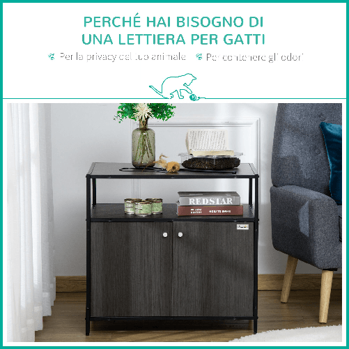 PawHut-Mobile-per-Lettiera-Gatti-in-Legno-e-Acciaio-con-2-Ante-Magnetiche-70x55x65.5cm---Nero