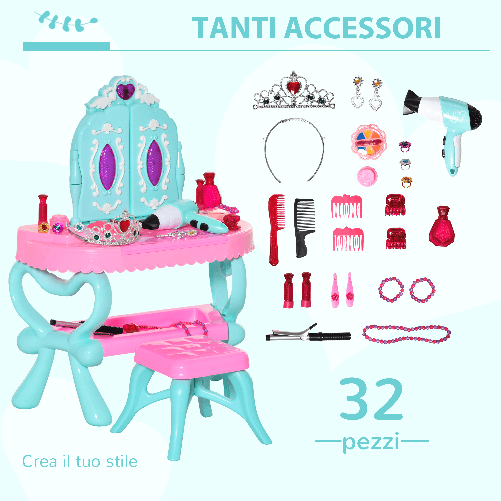 HOMCOM-Set-2-in-1-da-32pz-per-Bambine-3-6-Anni-Tavolo-per-Trucco-con-Accessori-e-Pianoforte-49.5x23x66-cm-Blu-e-Rosa