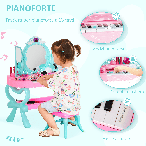 HOMCOM-Set-2-in-1-da-32pz-per-Bambine-3-6-Anni-Tavolo-per-Trucco-con-Accessori-e-Pianoforte-49.5x23x66-cm-Blu-e-Rosa