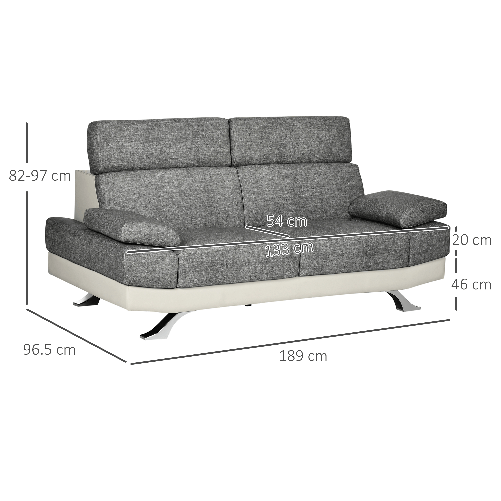 HOMCOM-Divano-2-Posti-in-Finta-Pelle-PU-con-Poggiatesta-Regolabile-su-5-Livelli-189x96.5x84cm-Grigio