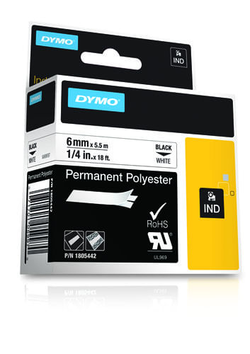 DYMO-Poliestere-Permanente-IND--Dymo-1805442-6mm-Black-on-White-Tape-