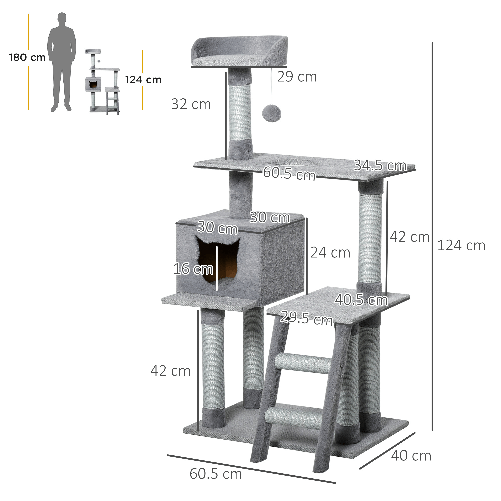 PawHut-Tiragraffi-Palestra-per-Gatti-Multilivello-con-Casetta-Scala-Piattaforme-Pali-in-Corda-di-Juta-Grigio-60.5x40x124cm