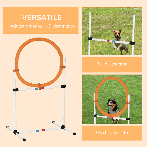 PawHut-Set-Agility-Dog-Portatile-con-Anello-e-Sbarra-Multiuso-e-Salvaspazio-con-Borsa-da-Trasporto-Inclusa-74.5x66x91cm-Bianco-e-Arancione