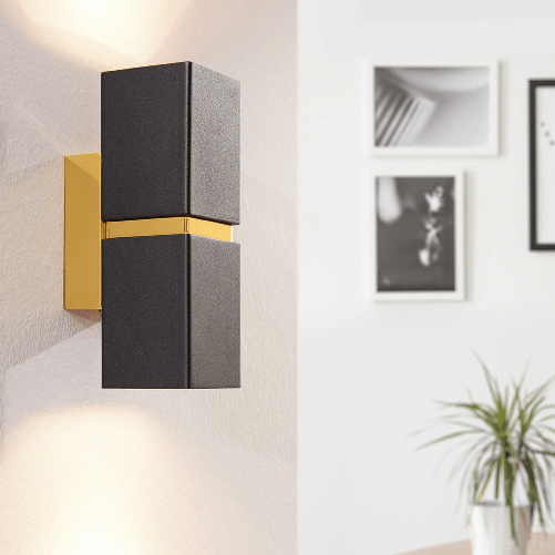 Applique-Moderna-Passa-2-Luci-Acciaio-Nero-E-Oro-Diffusori-Quadrati