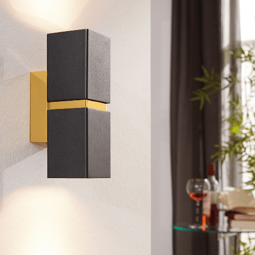 Applique-Moderna-Passa-2-Luci-Acciaio-Nero-E-Oro-Diffusori-Quadrati