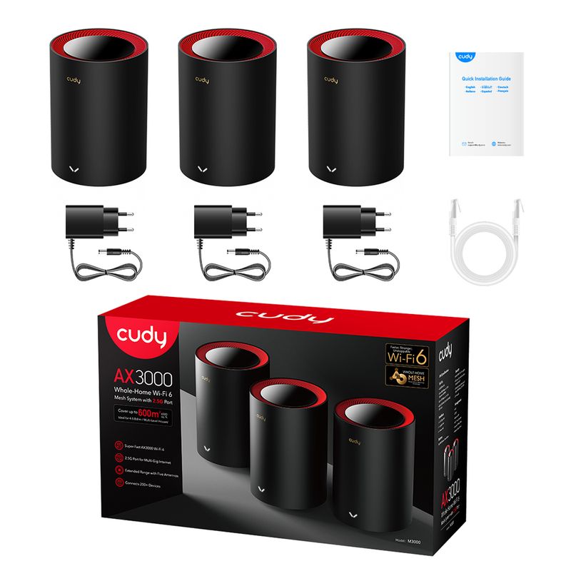 Cudy-M3000-3-Pack-Dual-band--2.4-GHz-5-GHz--Wi-Fi-6--802.11ax--Nero-Rosso-1-Interno