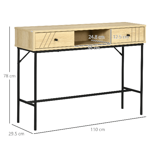 HOMCOM-Tavolo-Consolle-in-Legno-e-Metallo-Stile-Industriale-con-2-Cassetti-110x29.5x78cm-Naturale