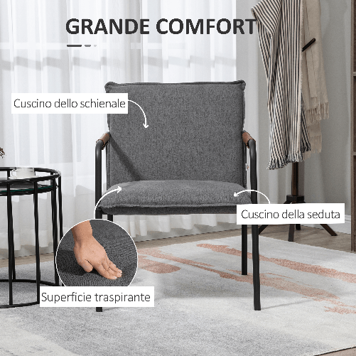 HOMCOM-Sedia-Moderna-per-Soggiorno-e-Camera-da-Letto-con-Braccioli-Seduta-Imbottita-e-Tessuto-Effetto-Lino-65.5x85x85-cm