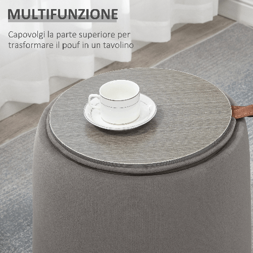 HOMCOM-Pouf-Contenitore-in-Velluto-2-in-1-Convertibile-in-Tavolino-da-Caffe-Ø44x47.5cm-Grigio