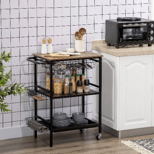 HOMCOM-Carrello-da-Cucina-a-3-Livelli-con-2-Ruote-Cesto-Estraibile-e-Vassoio-75x43.5x91-cm-color-Legno-e-Nero