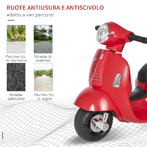 HOMCOM-Moto-Elettrica-per-Bambini-con-Licenza-Ufficiale-Vespa-Batteria-6V-Fari-e-Clacson-per-Bimbi-da-18-36-mesi-Rosso-66.5x38x52cm