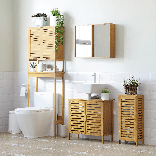 kleankin-Armadietto-Bagno-in-Bambu-con-Ripiano-Interno-Regolabile-30x19.9x70-cm-color-Legno