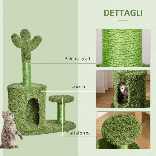 PawHut-Albero-Tiragraffi-per-Gatti-Fino-4.5kg-a-Forma-di-Cactus-con-Palline-e-Cuccia-60x35x78cm---Verde