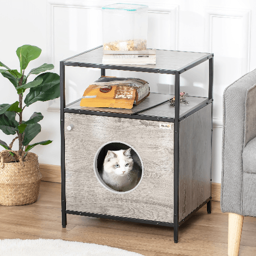 PawHut-Casetta-per-Gatti-Mobiletto-Multiuso-con-Cuscino-Lavabile-in-Acciaio-e-Legno-48x40x65.5cm-Grigio