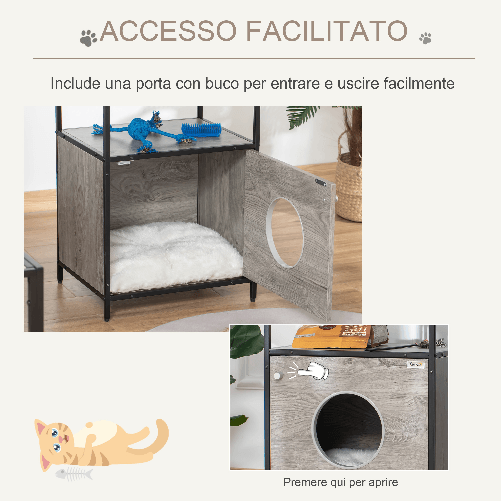 PawHut-Casetta-per-Gatti-Mobiletto-Multiuso-con-Cuscino-Lavabile-in-Acciaio-e-Legno-48x40x65.5cm-Grigio