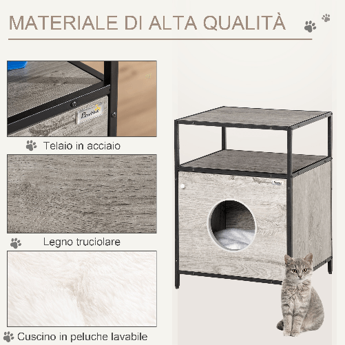 PawHut-Casetta-per-Gatti-Mobiletto-Multiuso-con-Cuscino-Lavabile-in-Acciaio-e-Legno-48x40x65.5cm-Grigio