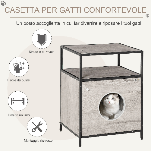 PawHut-Casetta-per-Gatti-Mobiletto-Multiuso-con-Cuscino-Lavabile-in-Acciaio-e-Legno-48x40x65.5cm-Grigio