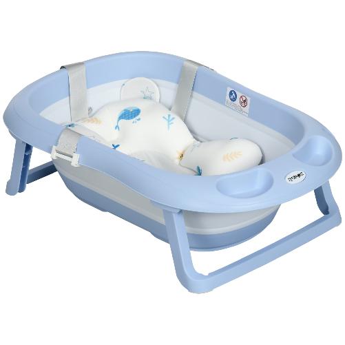 ZONEKIZ-Vaschetta-Bagnetto-Pieghevole-Bambini-0-6-Anni-con-Cuscino-e-2-Ripiani-83x48x23.5-cm-Blu-e-Bianco