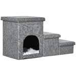 PawHut-Scaletta-per-Cani-e-Gatti-10kg-max-a-3-Gradini-con-Casetta-per-Cani-e-Spazio-Portaoggetti-73.5x33x40.5-cm-Grigio