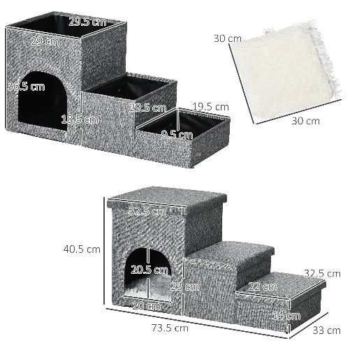 PawHut-Scaletta-per-Cani-e-Gatti-10kg-max-a-3-Gradini-con-Casetta-per-Cani-e-Spazio-Portaoggetti-73.5x33x40.5-cm-Grigio