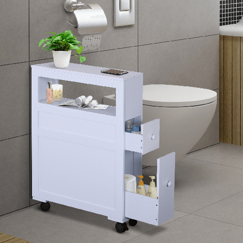 HOMCOM-Mobiletto-da-Bagno-2-Cassetti-Salvaspazio-con-4-Ruote-Legno-16x52x71.5cm-Bianco