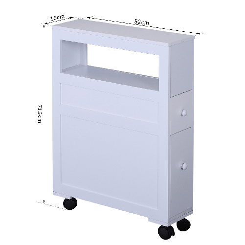 HOMCOM-Mobiletto-da-Bagno-2-Cassetti-Salvaspazio-con-4-Ruote-Legno-16x52x71.5cm-Bianco