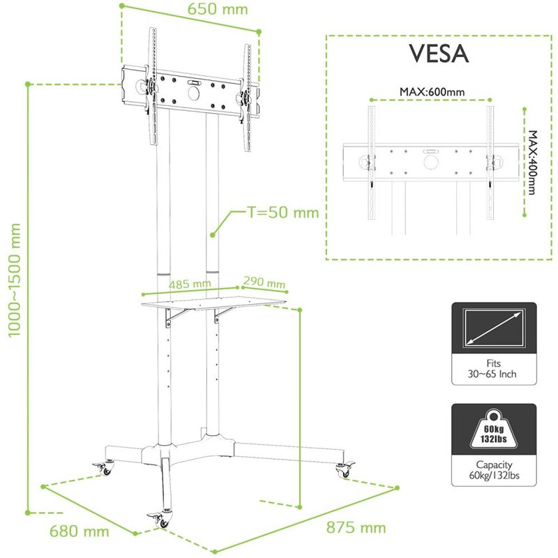 Techly--Porta-TV-mobile--TV-LED-LCD-30-65-pollici-60-kg-150-cm-regolabile