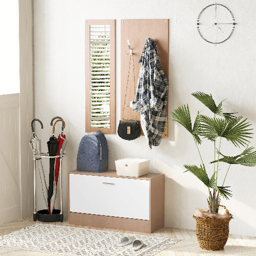 HOMCOM-Mobile-per-Ingresso-in-Legno-Set-3-Pezzi-con-Scarpiera-Appendiabiti-e-Specchio-80x27x46.5cm---Color-Legno