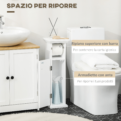 kleankin-Mobile-Bagno-con-Porta-Carta-Igienica-e-Armadietto-in-Legno-MDF-21.5x17.8x66.5cm-Bianco