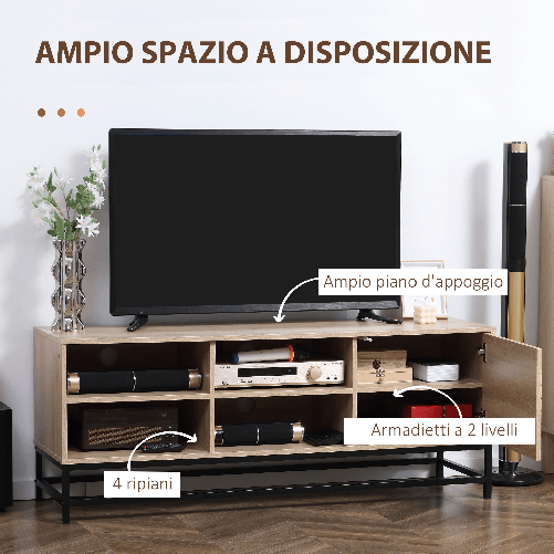 HOMCOM-Mobile-TV-Moderno-per-TV-max-60--in-MDF-e-Acciaio-con-4-Ripiani-Aperti-e-Armadietto-a-2-Livelli-140x40x55.3-cm